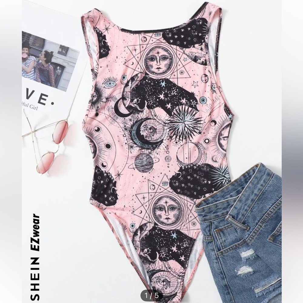 Pink black star moon sun planet bodysuit size XL SHEIN